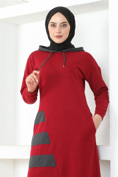 Çizgili Spor Elbise BORDO - Thumbnail