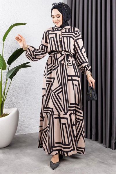 Çizgili Viskon Elbise KOYU VİZON - Thumbnail