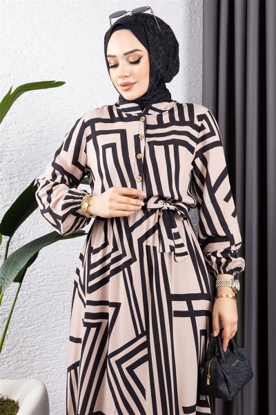 Çizgili Viskon Elbise KOYU VİZON - Thumbnail