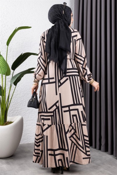 Çizgili Viskon Elbise KOYU VİZON - Thumbnail