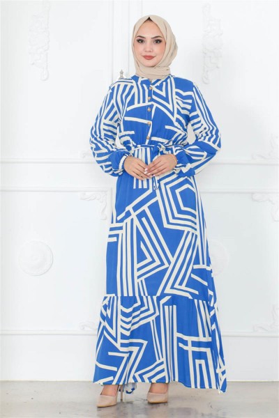 Çizgili Viskon Elbise MAVİ - Thumbnail