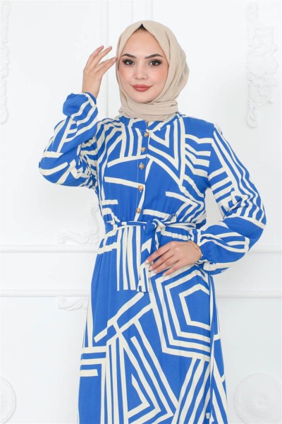 Çizgili Viskon Elbise MAVİ - Thumbnail