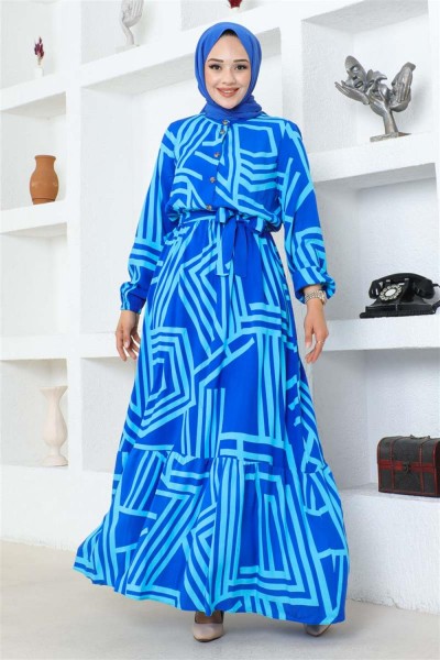 Çizgili Viskon Elbise SAKS MAVİSİ - Thumbnail