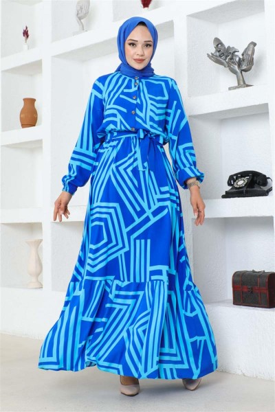 Çizgili Viskon Elbise SAKS MAVİSİ - Thumbnail