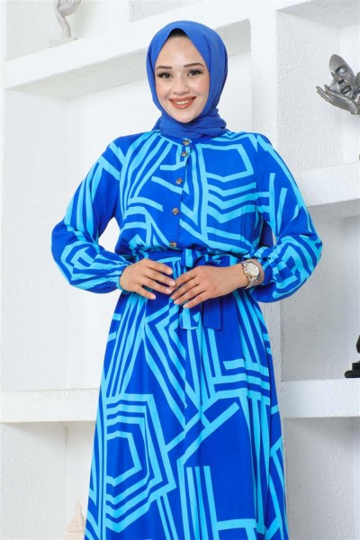 Çizgili Viskon Elbise SAKS MAVİSİ - Thumbnail