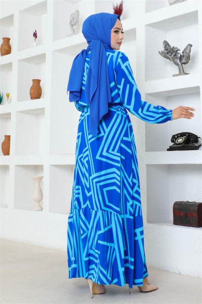 Çizgili Viskon Elbise SAKS MAVİSİ - Thumbnail