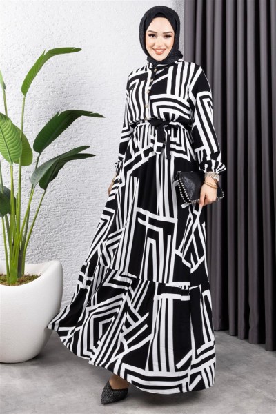 SGS - Çizgili Viskon Elbise SİYAH