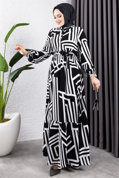 Çizgili Viskon Elbise SİYAH - Thumbnail