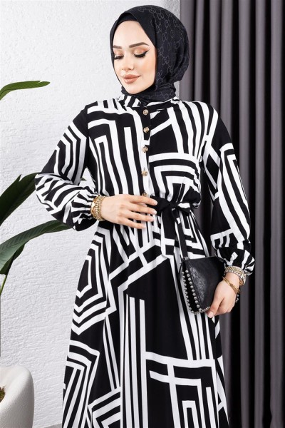 Çizgili Viskon Elbise SİYAH - Thumbnail