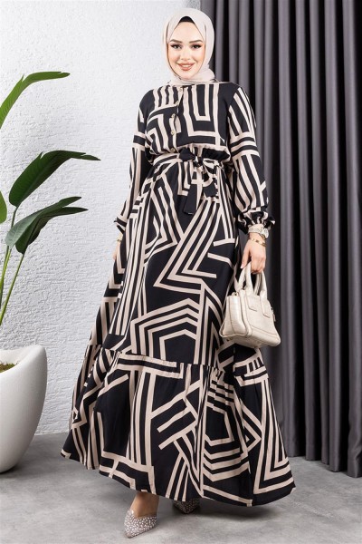 SGS - Çizgili Viskon Elbise SİYAH VİZON