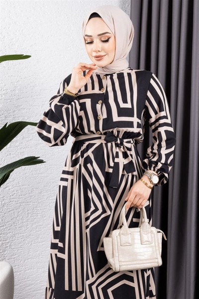 Çizgili Viskon Elbise SİYAH VİZON - Thumbnail