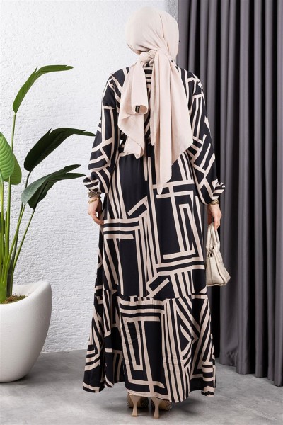 Çizgili Viskon Elbise SİYAH VİZON - Thumbnail