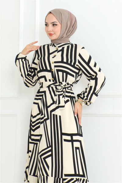 Çizgili Viskon Elbise TAŞ - Thumbnail