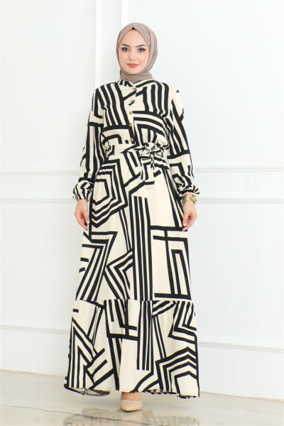 Çizgili Viskon Elbise TAŞ - Thumbnail