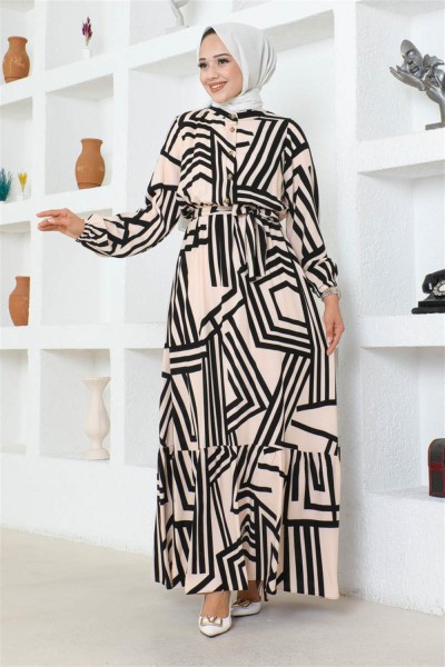 Çizgili Viskon Elbise VİZON - Thumbnail