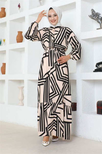 Çizgili Viskon Elbise VİZON - Thumbnail