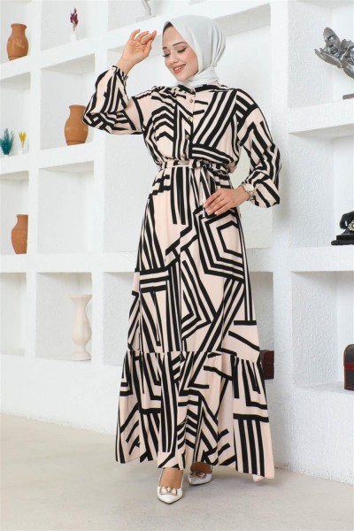 Çizgili Viskon Elbise VİZON - Thumbnail