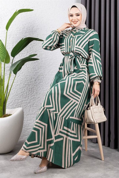 SGS - Çizgili Viskon Elbise ZÜMRÜT YEŞİLİ