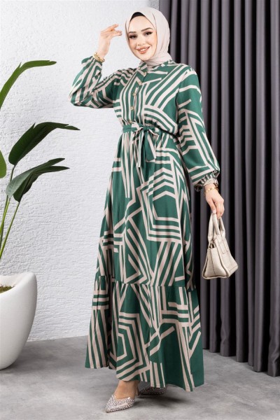 Çizgili Viskon Elbise ZÜMRÜT YEŞİLİ - Thumbnail