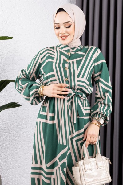 Çizgili Viskon Elbise ZÜMRÜT YEŞİLİ - Thumbnail