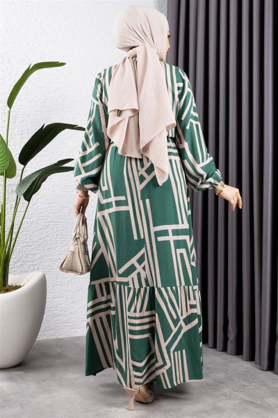 Çizgili Viskon Elbise ZÜMRÜT YEŞİLİ - Thumbnail