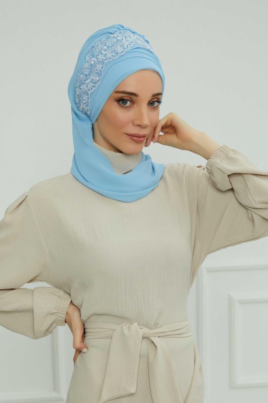 Dantel Aksesuarlı Fularlı Şifon Hazır Türban,HT-53,HT-53 Bebe Mavisi - 1