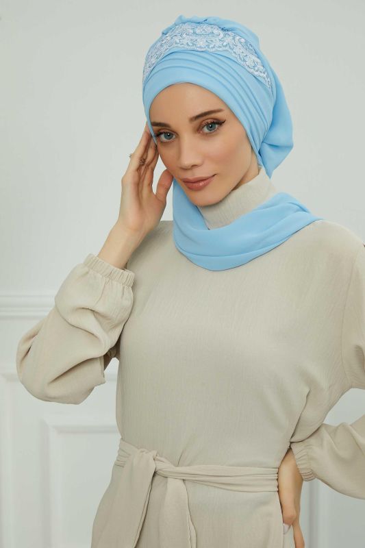 Dantel Aksesuarlı Fularlı Şifon Hazır Türban,HT-53,HT-53 Bebe Mavisi - 2