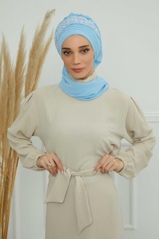 Dantel Aksesuarlı Fularlı Şifon Hazır Türban,HT-53,HT-53 Bebe Mavisi - 5
