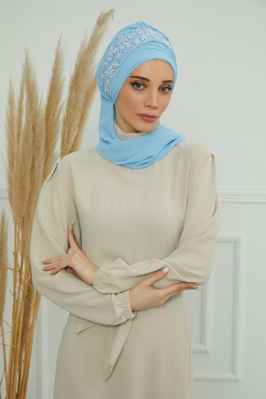 Dantel Aksesuarlı Fularlı Şifon Hazır Türban,HT-53,HT-53 Bebe Mavisi - 6