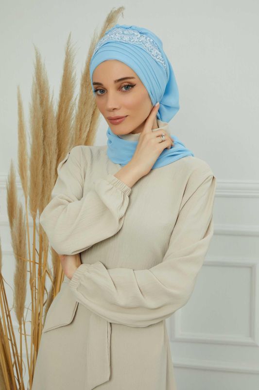 Dantel Aksesuarlı Fularlı Şifon Hazır Türban,HT-53,HT-53 Bebe Mavisi - 7