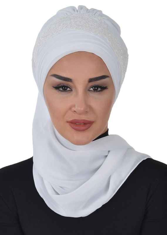 Dantel Aksesuarlı Fularlı Şifon Hazır Türban,HT-53,HT-53 Beyaz - 1