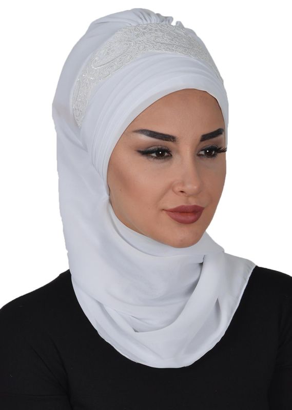 Dantel Aksesuarlı Fularlı Şifon Hazır Türban,HT-53,HT-53 Beyaz - 2
