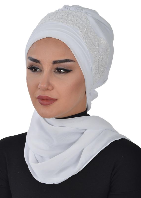 Dantel Aksesuarlı Fularlı Şifon Hazır Türban,HT-53,HT-53 Beyaz - 3