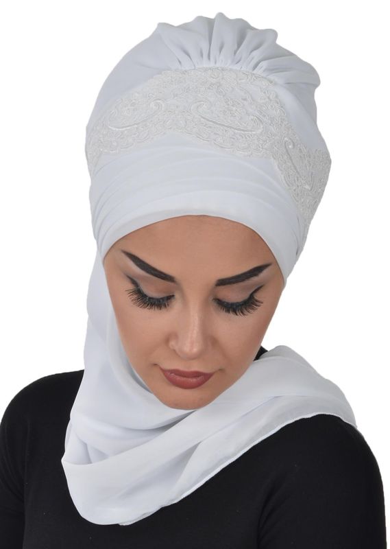 Dantel Aksesuarlı Fularlı Şifon Hazır Türban,HT-53,HT-53 Beyaz - 4