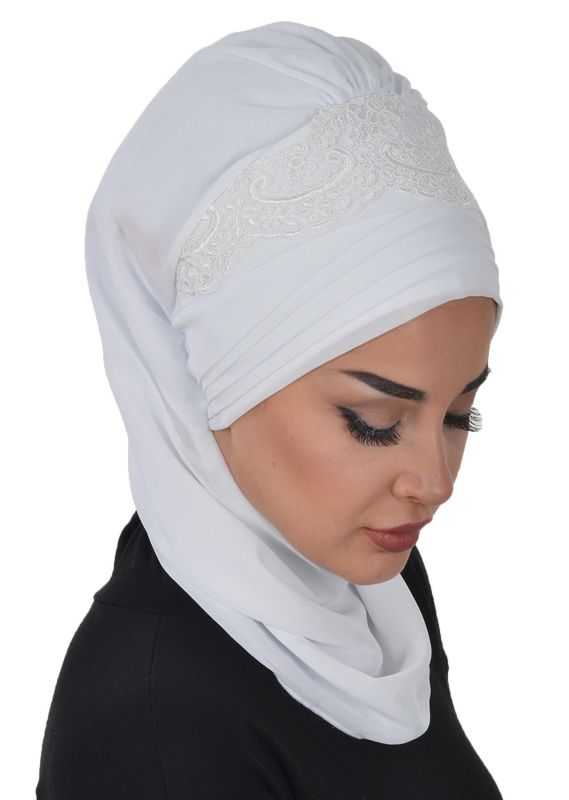 Dantel Aksesuarlı Fularlı Şifon Hazır Türban,HT-53,HT-53 Beyaz - 5