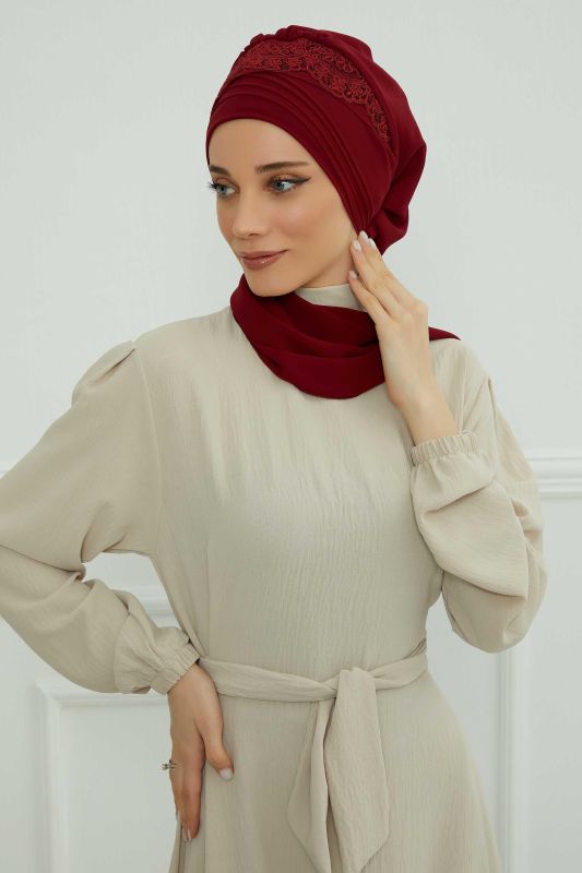 Dantel Aksesuarlı Fularlı Şifon Hazır Türban,HT-53,HT-53 Bordo - 1