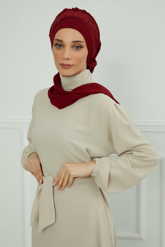 Dantel Aksesuarlı Fularlı Şifon Hazır Türban,HT-53,HT-53 Bordo - 2