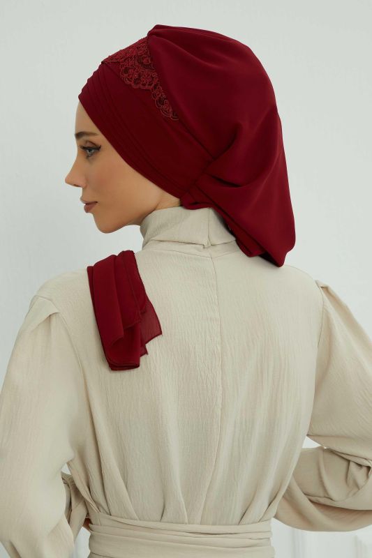 Dantel Aksesuarlı Fularlı Şifon Hazır Türban,HT-53,HT-53 Bordo - 4