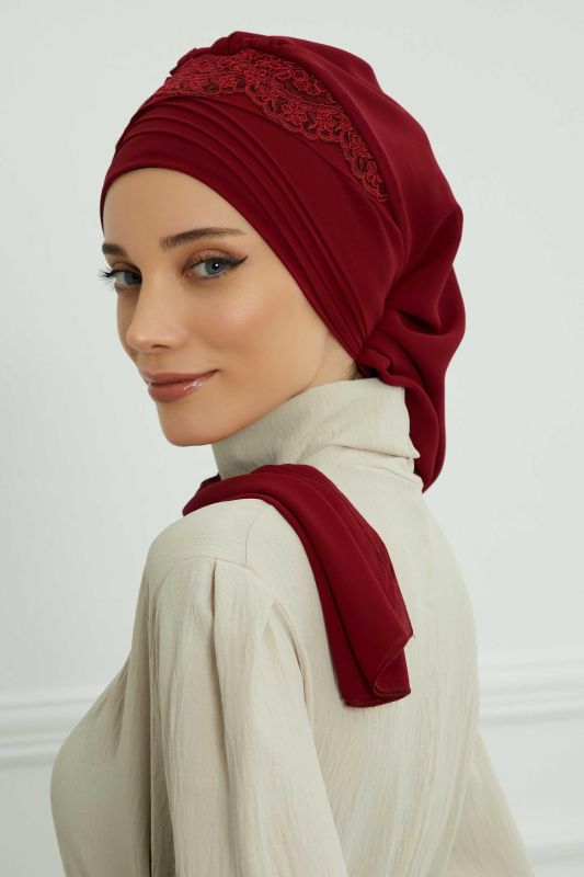 Dantel Aksesuarlı Fularlı Şifon Hazır Türban,HT-53,HT-53 Bordo - 5