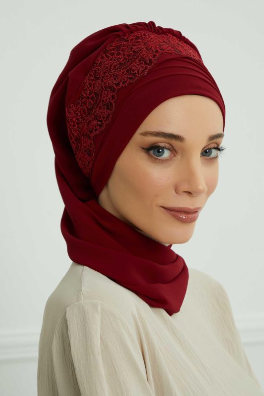 Dantel Aksesuarlı Fularlı Şifon Hazır Türban,HT-53,HT-53 Bordo - 6