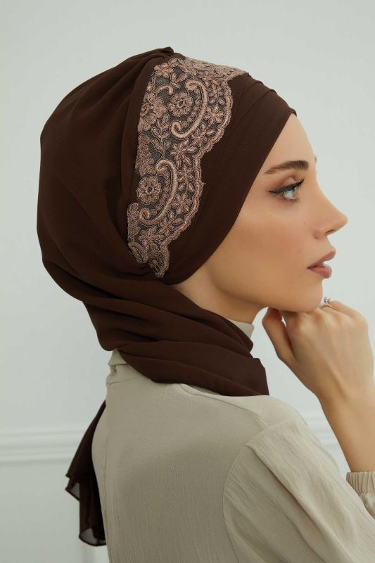 Dantel Aksesuarlı Fularlı Şifon Hazır Türban,HT-53,HT-53 Kahverengi - 4