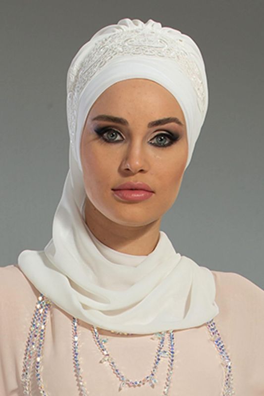 Dantel Aksesuarlı Fularlı Şifon Hazır Türban,HT-53,HT-53 Kırık Beyaz - 2