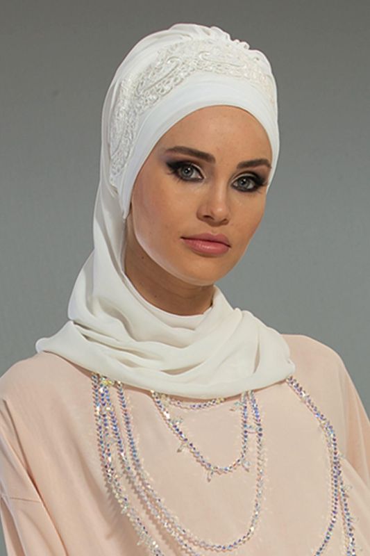 Dantel Aksesuarlı Fularlı Şifon Hazır Türban,HT-53,HT-53 Kırık Beyaz - 4