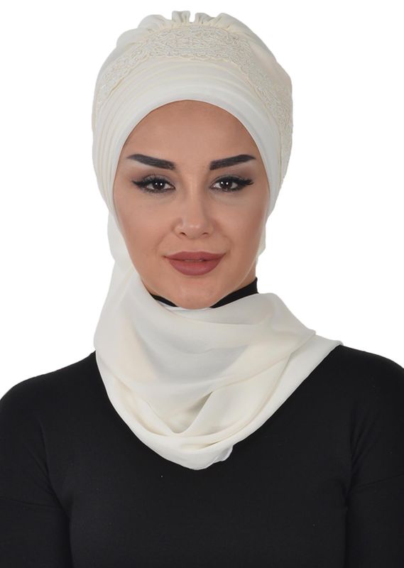 Dantel Aksesuarlı Fularlı Şifon Hazır Türban,HT-53,HT-53 Krem - 1