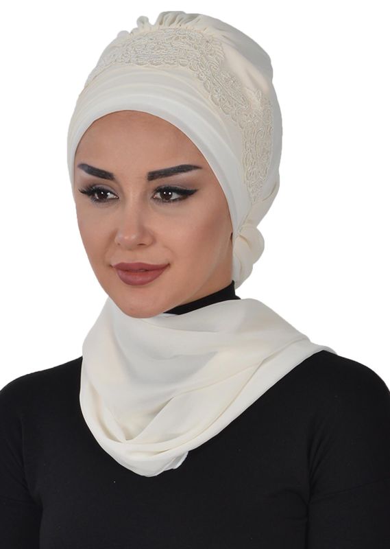 Dantel Aksesuarlı Fularlı Şifon Hazır Türban,HT-53,HT-53 Krem - 3