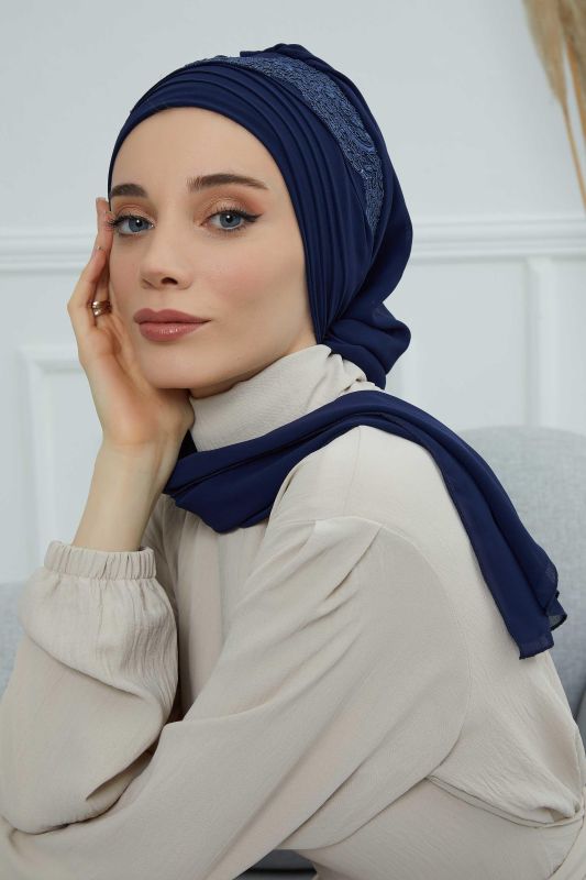 Dantel Aksesuarlı Fularlı Şifon Hazır Türban,HT-53,HT-53 Lacivert - 2