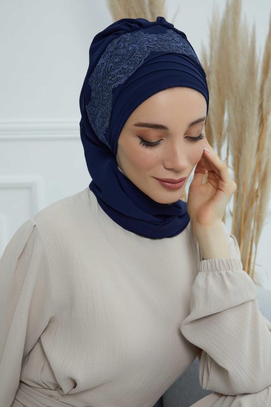 Dantel Aksesuarlı Fularlı Şifon Hazır Türban,HT-53,HT-53 Lacivert - 4