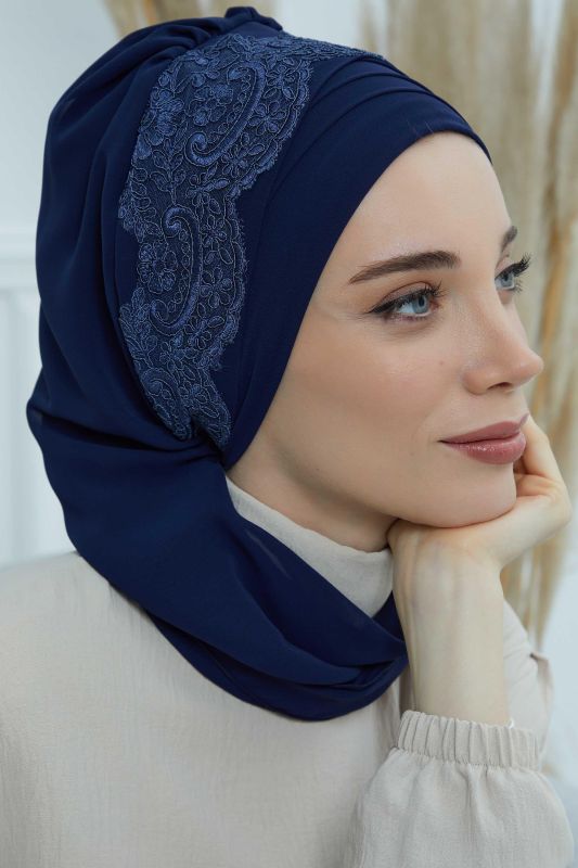 Dantel Aksesuarlı Fularlı Şifon Hazır Türban,HT-53,HT-53 Lacivert - 5
