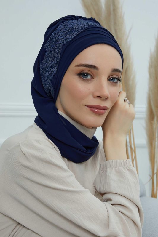 Dantel Aksesuarlı Fularlı Şifon Hazır Türban,HT-53,HT-53 Lacivert - 6