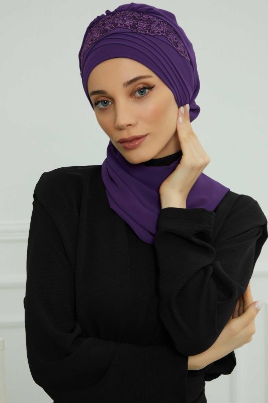 Dantel Aksesuarlı Fularlı Şifon Hazır Türban,HT-53,HT-53 Mor - 1